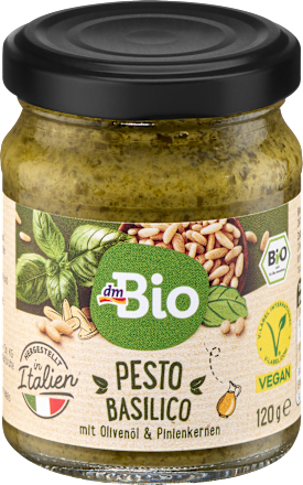Glas dmBio Pesto Basilico mit Olivenöl und Pinienkernen, vegan, 120 g